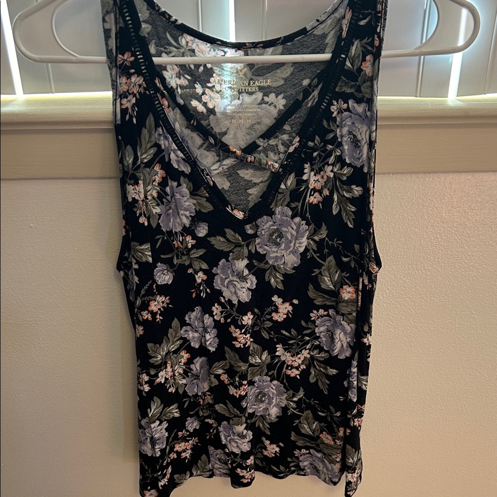 American Eagle Black Floral Tank Top